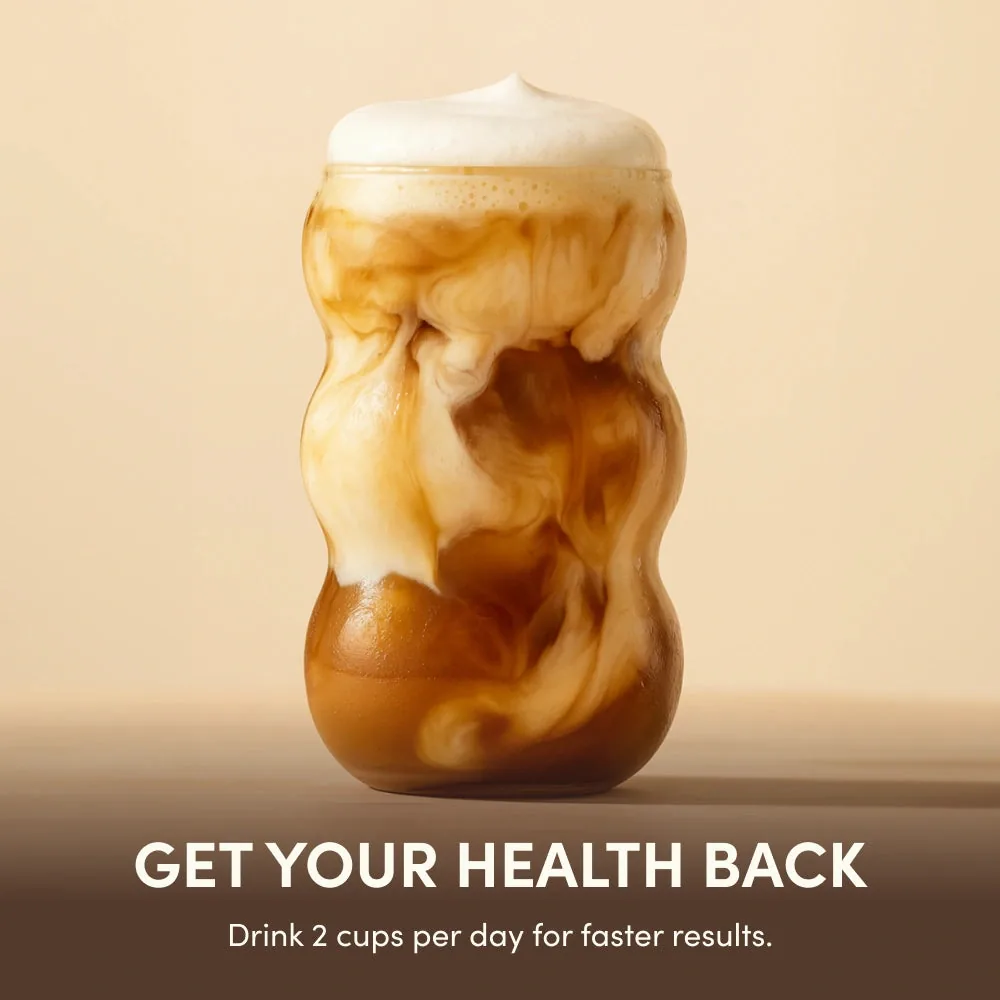 A finished RYZE latte in a glass, captioned get your health back, drink two cups per day for faster results